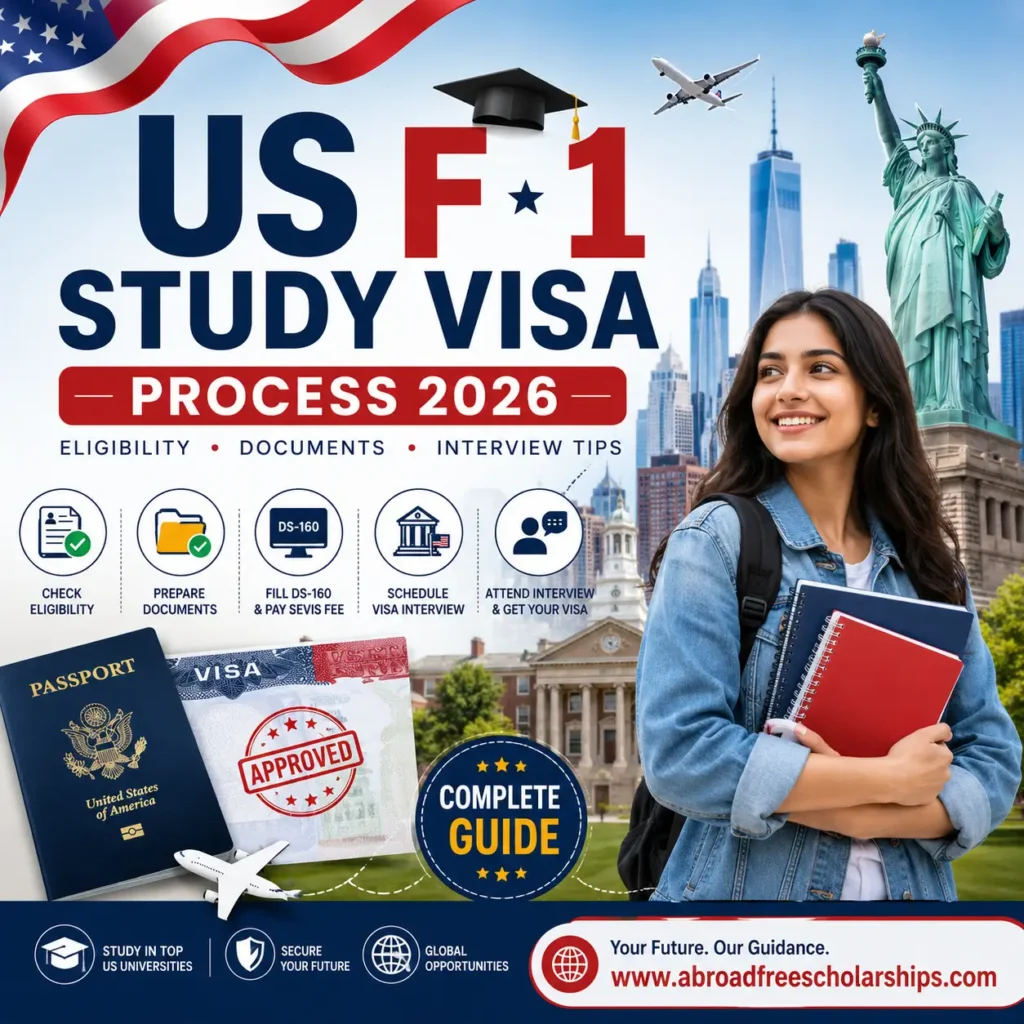 US F-1 Study Visa Process 2026 infographic featuring an international student, passport, visa approval stamp, US university campus, and step-by-step guide to studying in the United States.