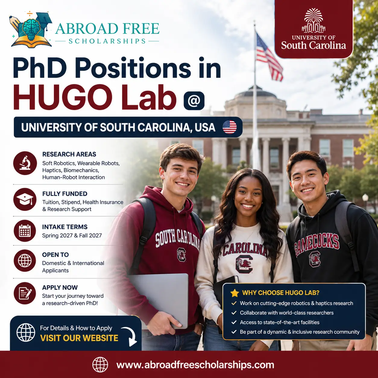 Young American students promoting fully funded PhD positions in HUGO Lab at the University of South Carolina with research opportunities in robotics, human-AI interaction, and ergonomics.