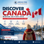 Discover Canada Winter Edition 2026 fully funded international program featuring Canada's winter landscape, Canadian flag, and Abroad Free Scholarships branding.