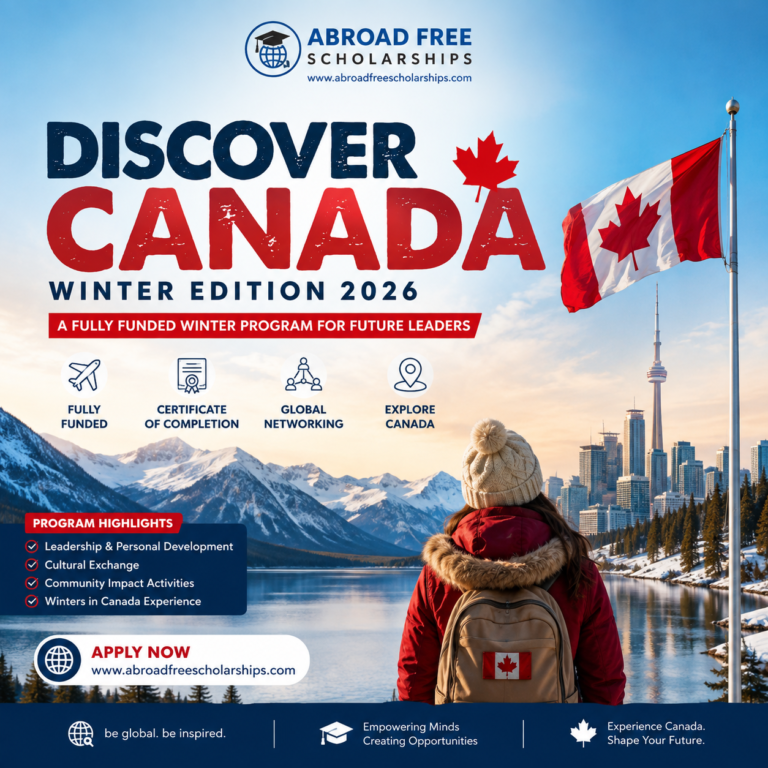 Discover Canada Winter Edition 2026 fully funded international program featuring Canada's winter landscape, Canadian flag, and Abroad Free Scholarships branding.