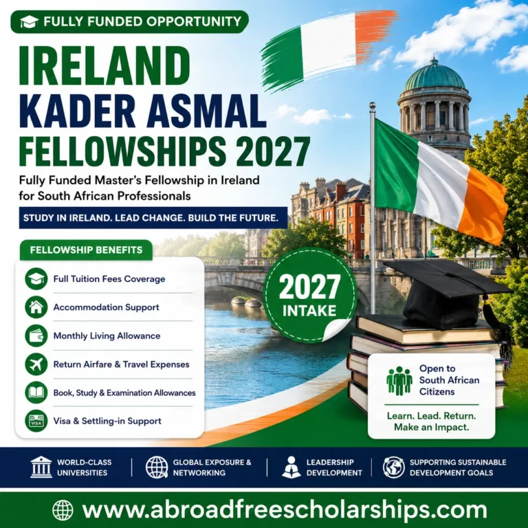 Ireland Fellows Programme Kader Asmal Fellowship promotion showing students studying at an Irish university campus with the Irish flag colors.